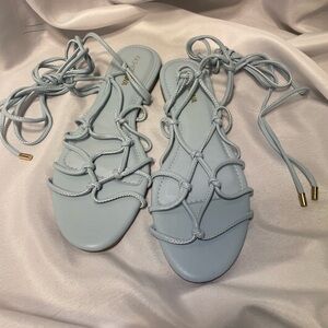 Fashion nova baby blue tie up sandals with gold accents size 8